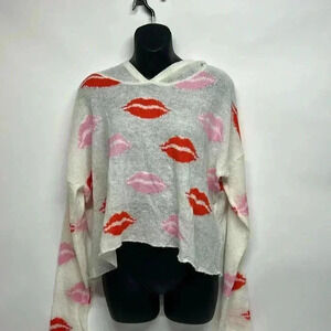 Wildfox white label knit hoodie with red and pink lip print size XS